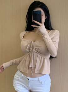 Dazy Star Women's Sweetheart Neckline Drawstring Long Sleeve T-Shirt,Ruffle - Khaki - View 3