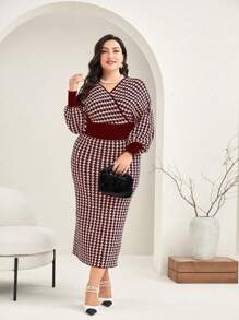 Modelyn Burgundy Red Plus Size Batwing Sleeve Sweater Dress In Houndstooth Pattern - Burgundy - View 5