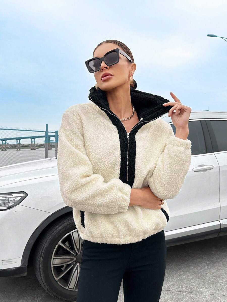 Aveloria Women's Color Block Zip Up Plush Sweatshirt Pullover Fall Outfit - White - View 1