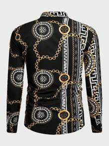 Manfinity AFTRDRK Men's Chain Printed Shirt , Long Sleeve Button Up Rave Shirt Colorful Gold Party, Fall