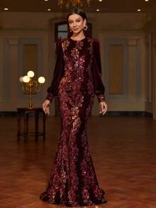 Lantern Sleeves Mermaid Hem Sequin Formal Dress - Burgundy - View 1
