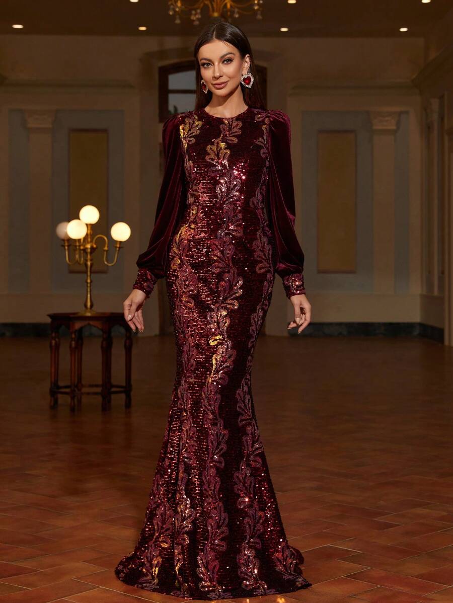 Lantern Sleeves Mermaid Hem Sequin Formal Dress - Burgundy - View 1