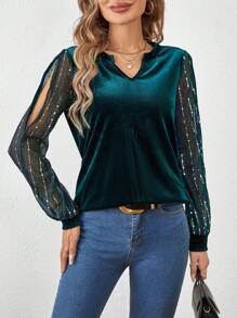 SHEIN Clasi 網紗拼接缺口領絲絨上衣 - 綠色 - 查看 1