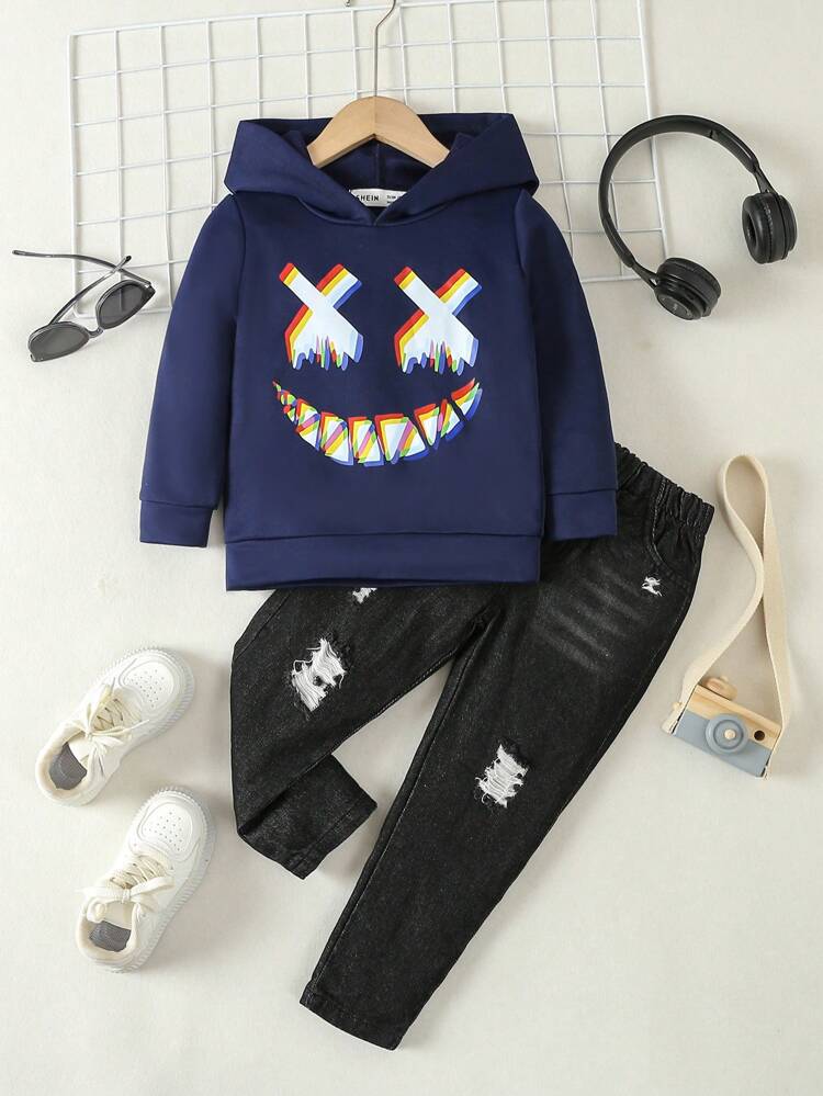 Young Boys Fun Expression Printed Hooded Sweatshirt And Jeans Two-Piece Set