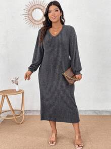 Calvaya 女式大尺碼圓領羅紋連身裙,不含腰帶 - 灰色 - 查看 5