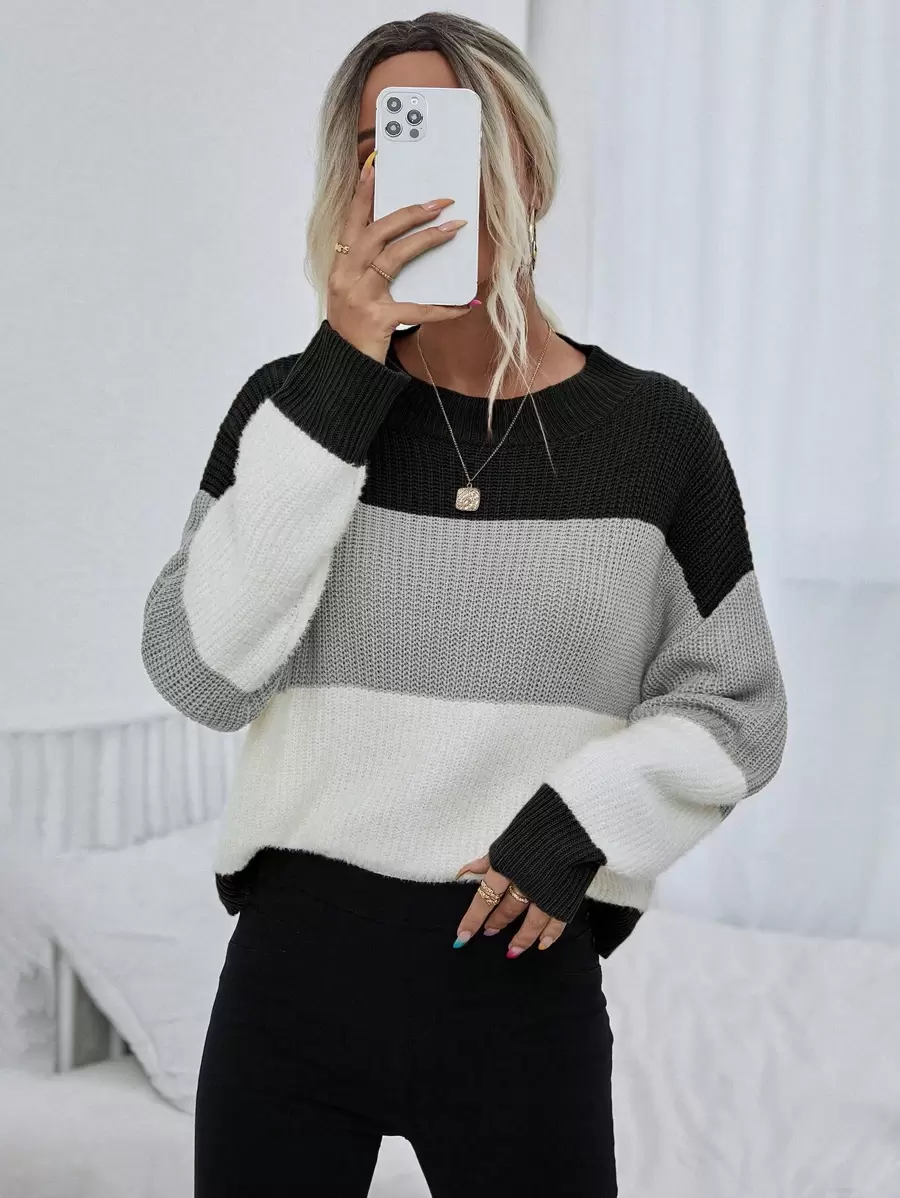 Calvaya Suéter de hombros caídos con bloques de color, parte superior de manga larga de punto, suéter de otoño e invierno - Multicolor - Ver 1