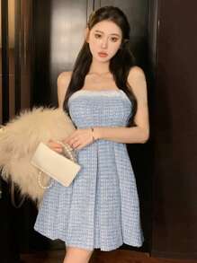 Dazy Designer 女士拼布露肩连衣裙，休闲女士连衣裙返校节连衣裙格子 - 藍色 - 查看 11