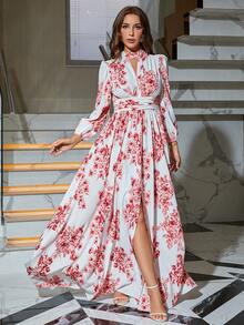 Floral Print Split Thigh Dress - Red - View 6