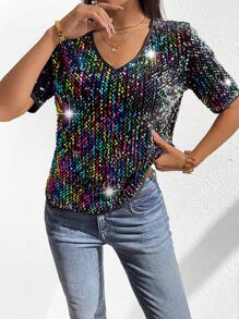 Calvaya Women's Sequined Short Sleeve T-shirt