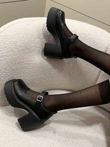 ROMWE Goth 2023 Của phụ nữ Hàng mới đến Chóp giầy tròn Đen Phong cách Học viện JK Giường đơn Dây đeo Cao gót & Dày Đế Giày dép - màu đen - Xem 2