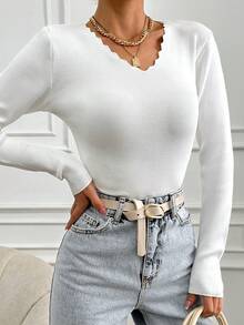 EURMUSE Ladies' Ribbed Knit Sweater With Long Sleeves - White - View 6