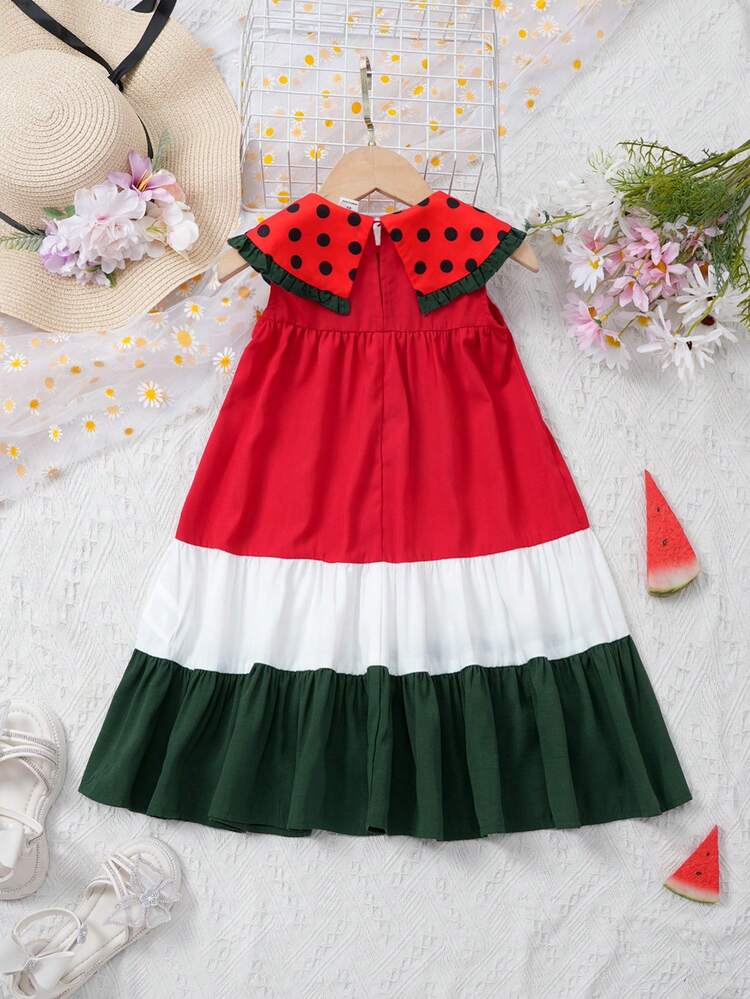 Young Girls Woven Color Block Peter Pan Collar Sleeveless Dress