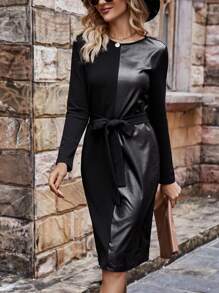 SHEIN Clasi 女款拼布束帶 Pu 皮革連身裙 - 黑色 - 查看 1