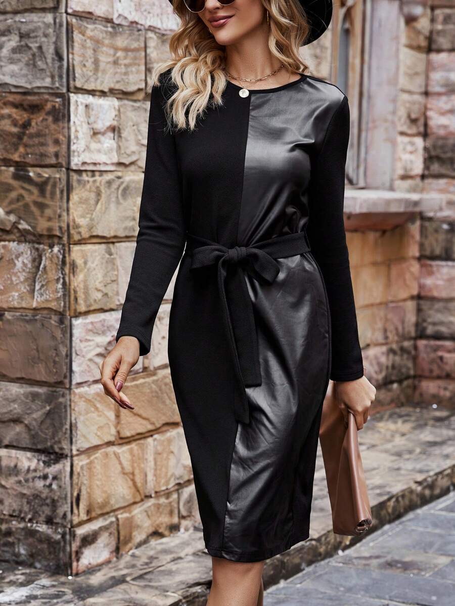 SHEIN Clasi 女款拼布束帶 Pu 皮革連身裙 - 黑色 - 查看 1