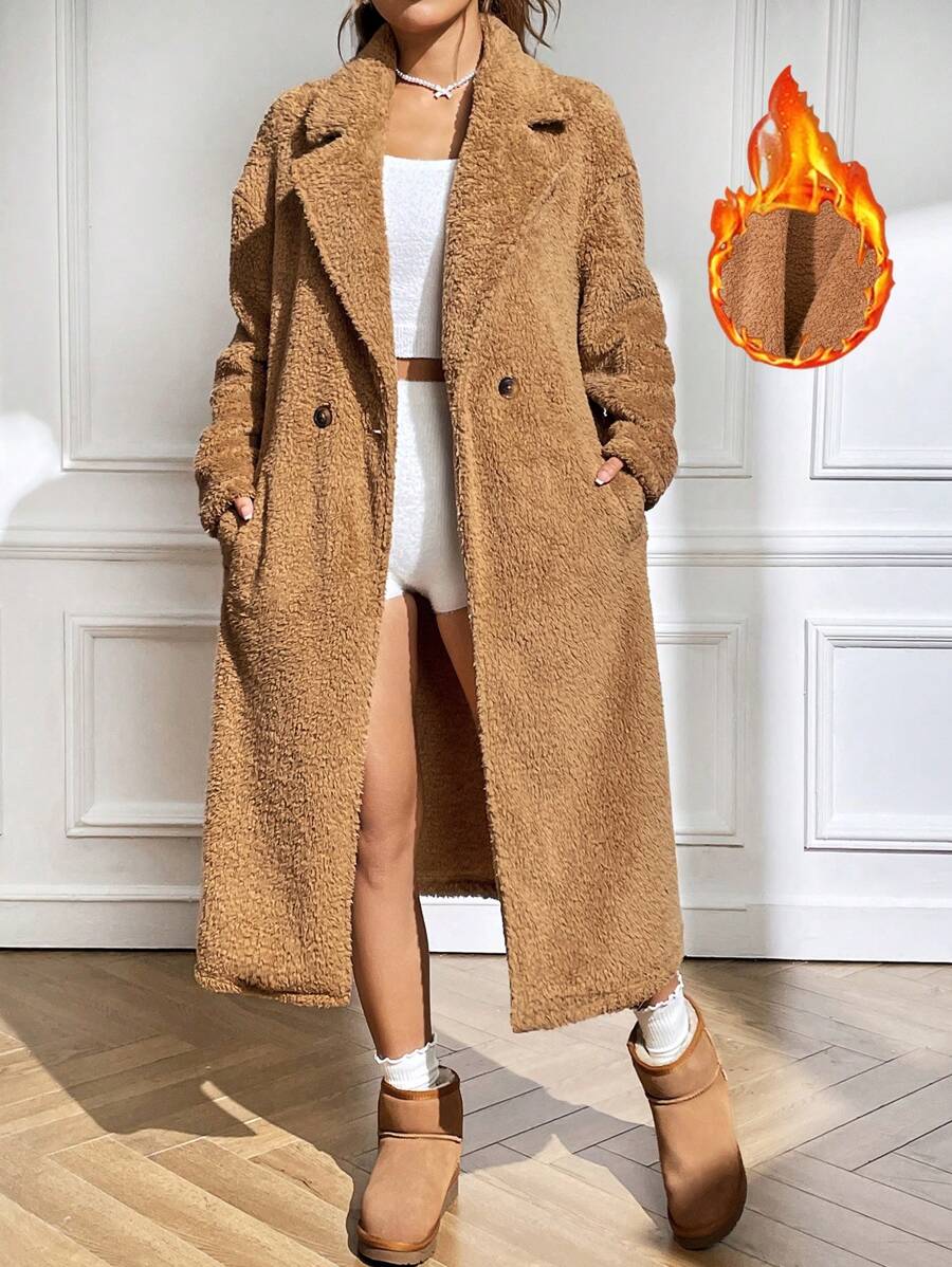 SHEIN EZwear Áo khoác Teddy cổ trễ vai ve lật, Áo khoác nữ mùa đông giản dị cài hai nút, Áo khoác nữ trơn trễ vai ve lật túi rộng rãi màu lạc đà, Ấm áp mùa đông/ Thời trang mùa đông - Lạc đà - Xem 1