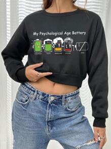 SHEIN EZwear In thư Vòng cổ Áo len crop - màu đen - Xem 1