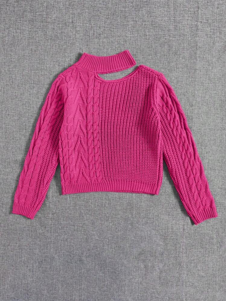 SHEIN Tween Girl Hollow Out And Cable Knit Sweater - Hot Pink - View 2