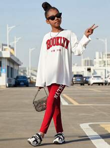 SHEIN Tween Girl Winter Warm Casual Letter Print Round Neck Sweatshirt And Pants Set