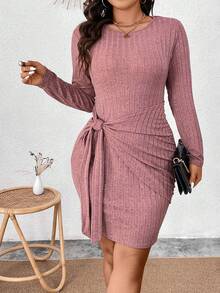 Calvaya 大尺碼女士緊身連身裙,綁結和皺摺細節設計 - 紫色 - 查看 5