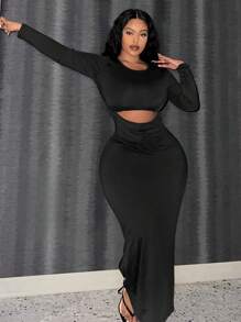 Slaydiva Plus Size Women's Hollow Out Dress - Black - View 1