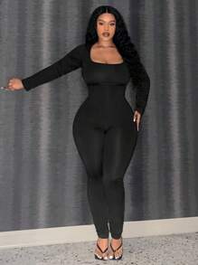 Slaydiva 大码优雅休闲纯色修身 U 领女式连体裤 - 黑色 - 查看 1
