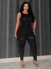 Slaydiva Women's Sexy Mesh Contrast Jumpsuit For Autumn - Black - View 1