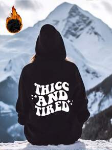 Women's Plus Size Slogan Printed Drawstring Sweatshirt With Thermal Lined - Black - View 1