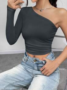 SHEIN Unity Áo crop top nhún vai nữ, đi chơi - Màu xám đen - Xem 1