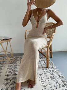 Swim Vcay Summer Outfits For Women Women Deep V-Neck Spaghetti Strap Backless Exquisite And Elegant Holiday Cover-Up Dress For Music Festival,Summer Beach