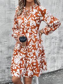 SHEIN LUNE Của phụ nữ In hoa Cà vạt Xù Hoa Sen Đầm - trái cam - Xem 5