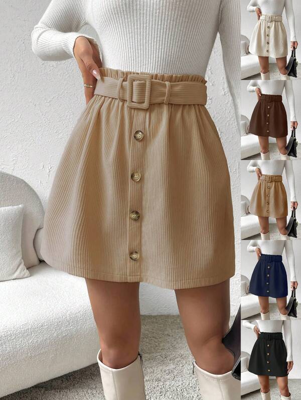 Pariaura Women's Fashion Solid Color Waist Belt Decor Short Skirt High Waist Skirt