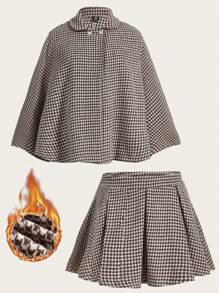 SHEIN MOD Kích thước lớn Của phụ nữ Họa tiết Nanh sói Collared áo Và Bộ váy - Cà phê nâu - Xem 1