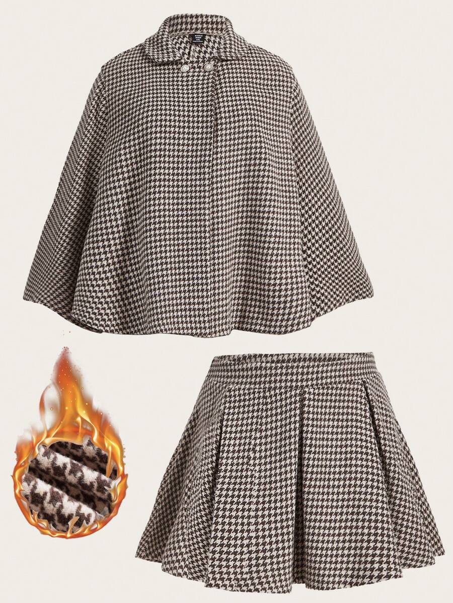 SHEIN MOD Kích thước lớn Của phụ nữ Họa tiết Nanh sói Collared áo Và Bộ váy - Cà phê nâu - Xem 1