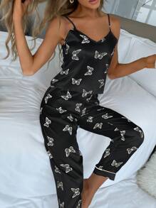 Women's Butterfly Printed Cami Pajama Set - Black - View 4