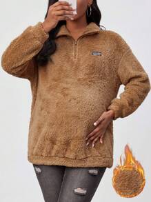 SHEIN 孕婦女士半高領拉鍊連帽保暖運動衫 - 棕色 - 查看 1