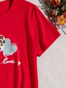 SHEIN Girls' Heart & Letter Printed Short Sleeve T-shirt For Valentine's Day - Red - View 3