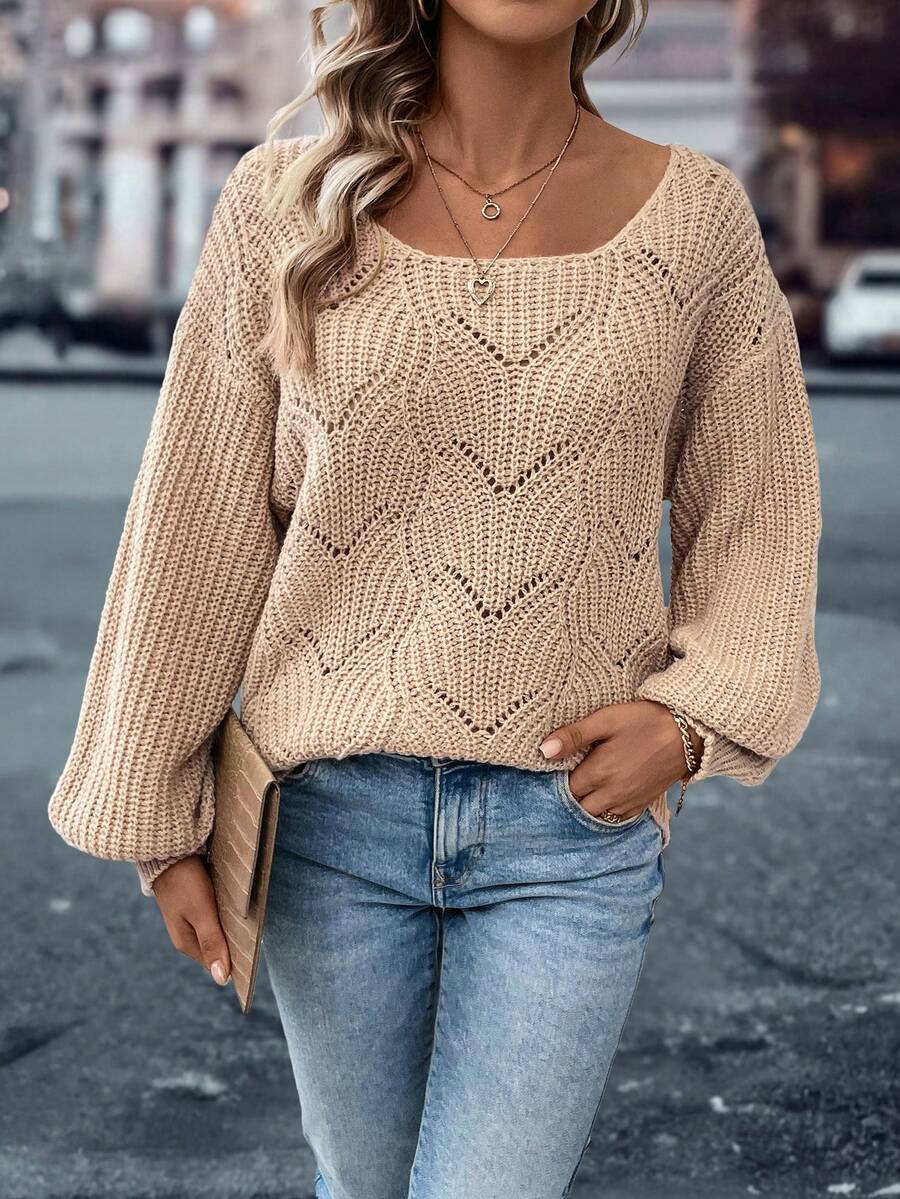 SHEIN LUNE Solid Color Hollow Out Cold Shoulder Simple Women'S Sweater - Khaki - View 1