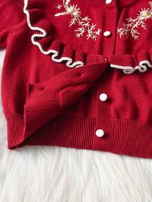 Baby Girls' Knitted Cardigan With Floral Embroidery & Ruffle Trim And Pants Set - Burgundy - View 5