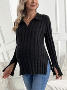 SHEIN Pregnant Women's Solid Color Ribbed Knitted Sweater With Slits For Maternity, For Winter - Black - View 5