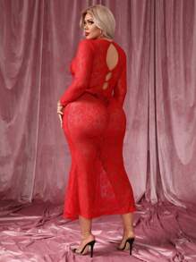 SHEIN SXY 亮片鑲嵌露背蕾絲連衣裙而不需要內衣套裝 - 紅色 - 查看 2