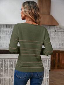 SHEIN LUNE Women's V-neck Striped Sweater - Olive Green - View 2