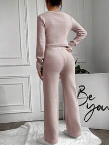 EURMUSE Ensemble Solide Tricot Côtelé Deux Pièces Pour Femmes - Rose pâle - Voir 2