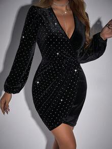 Allurite Jewel Neck Lantern Sleeve Wrap Dress With Rhinestone Embellishment - Black - View 7