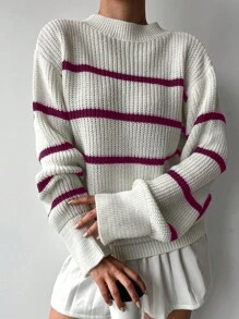 EURMUSE 女式下垂肩條紋毛衣 - 紅色 - 查看 5
