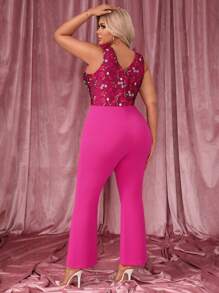 SHEIN SXY Plus Floral Embroidered Mesh Panel Flare Leg Jumpsuit - Hot Pink - View 2