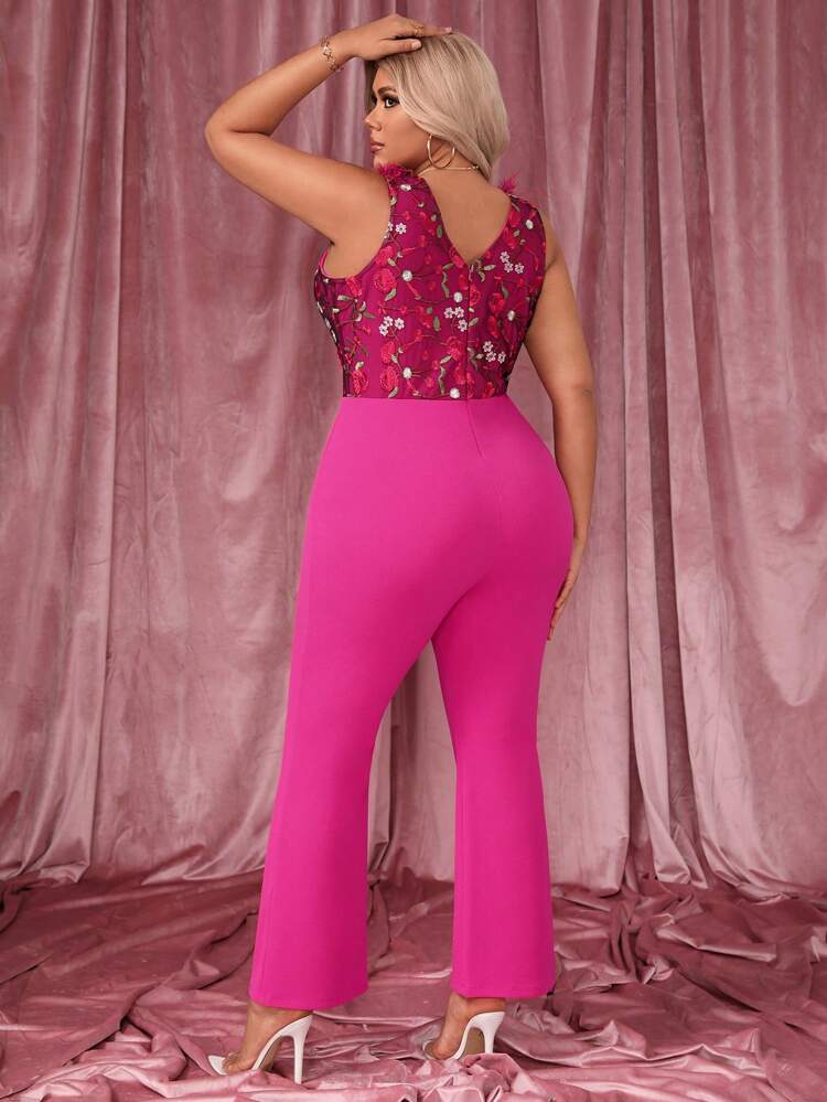 Plus Floral Embroidered Mesh Panel Flare Leg Jumpsuit