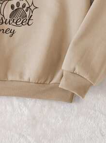 INAWLY 熊和標語圖案抽繩加絨內裏連帽衫 - 卡其色 - 查看 3