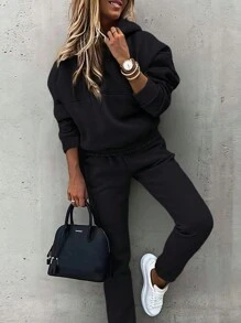 SHEIN Essnce Women's Plain Hooded Sweatsuit With Sweatpants, 2pcs/Set