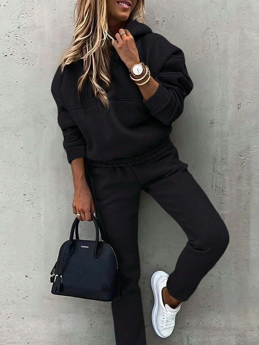 SHEIN Essnce Women's Plain Hooded Sweatsuit With Sweatpants, 2pcs/Set