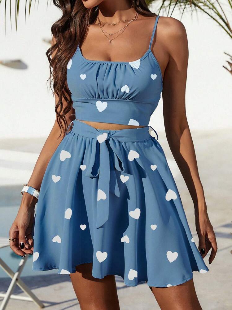 Breezaya Conjunto de 2 piezas de top de tirantes y falda con estampado de corazones para mujer - Multicolor - Añade 1